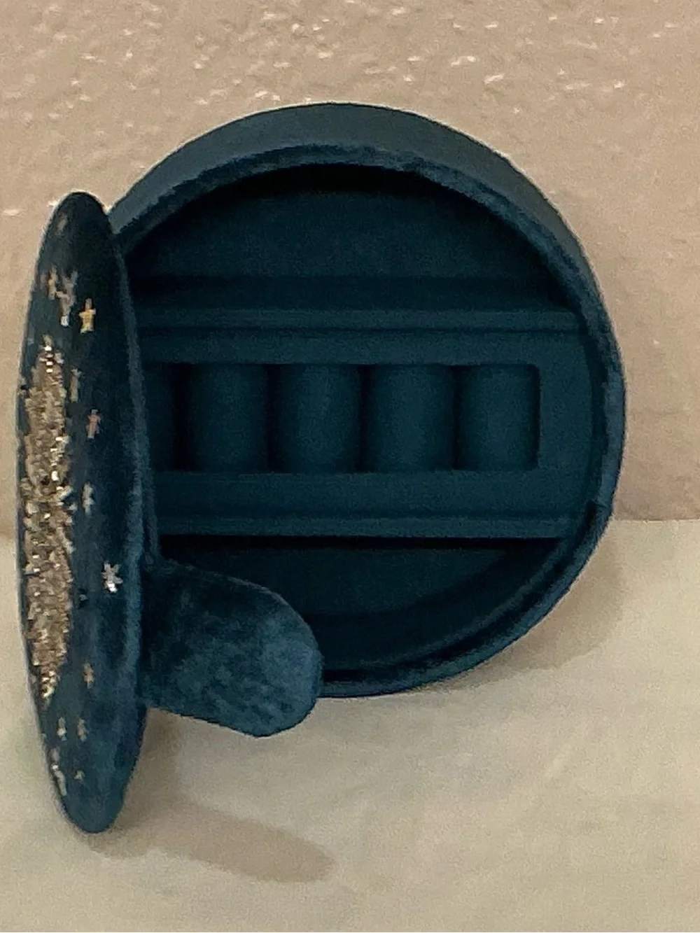 Beaded and Embroidered Dark Teal Velvet Evil Eye Round Jewelry Case